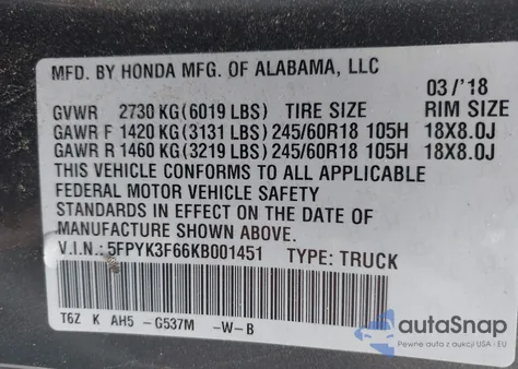 2019 Honda Ridgeline Rtl-T from USA, damaged, VIN 5FPYK3F66KB001451